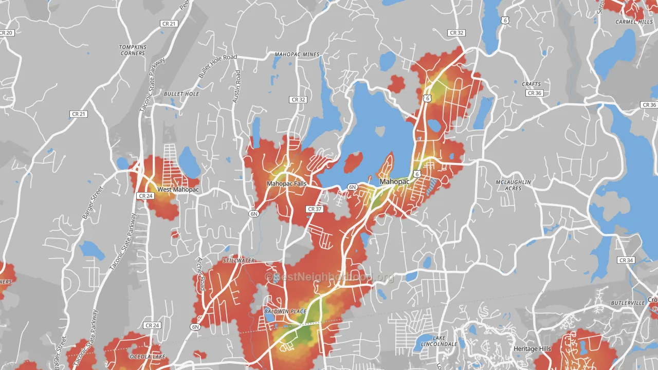 Walk Grade map of Mahopac, NY, walkable areas in green and car-dependent areas in red