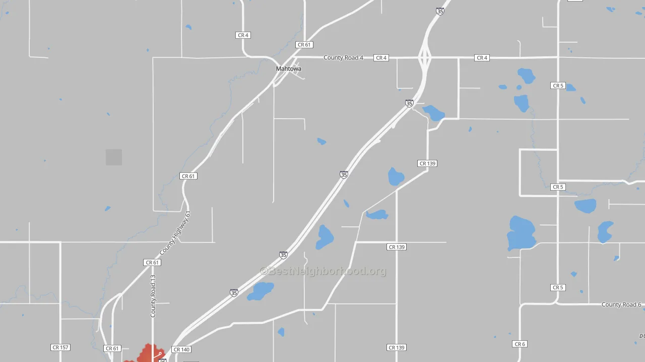 Walk Grade map of Mahtowa, MN, walkable areas in green and car-dependent areas in red