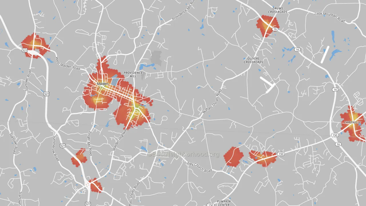 Walk Grade map of Maiden, NC, walkable areas in green and car-dependent areas in red
