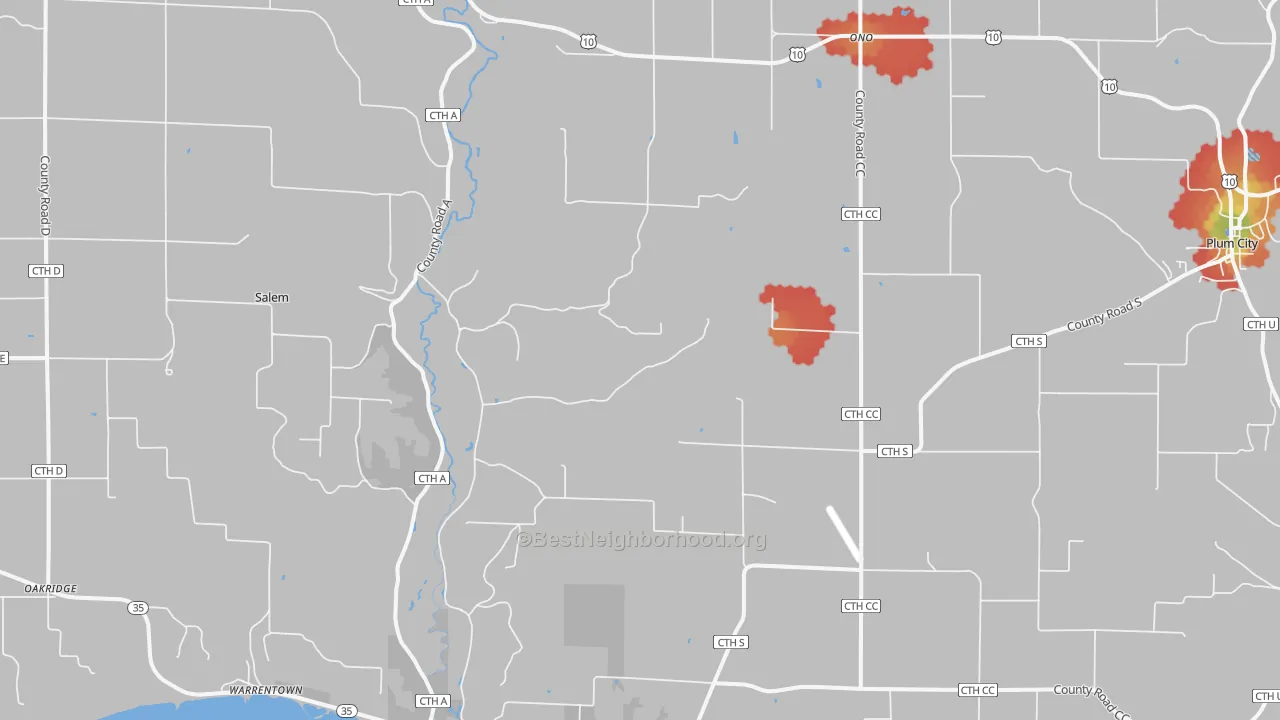 Walk Grade map of Maiden Rock, WI, walkable areas in green and car-dependent areas in red