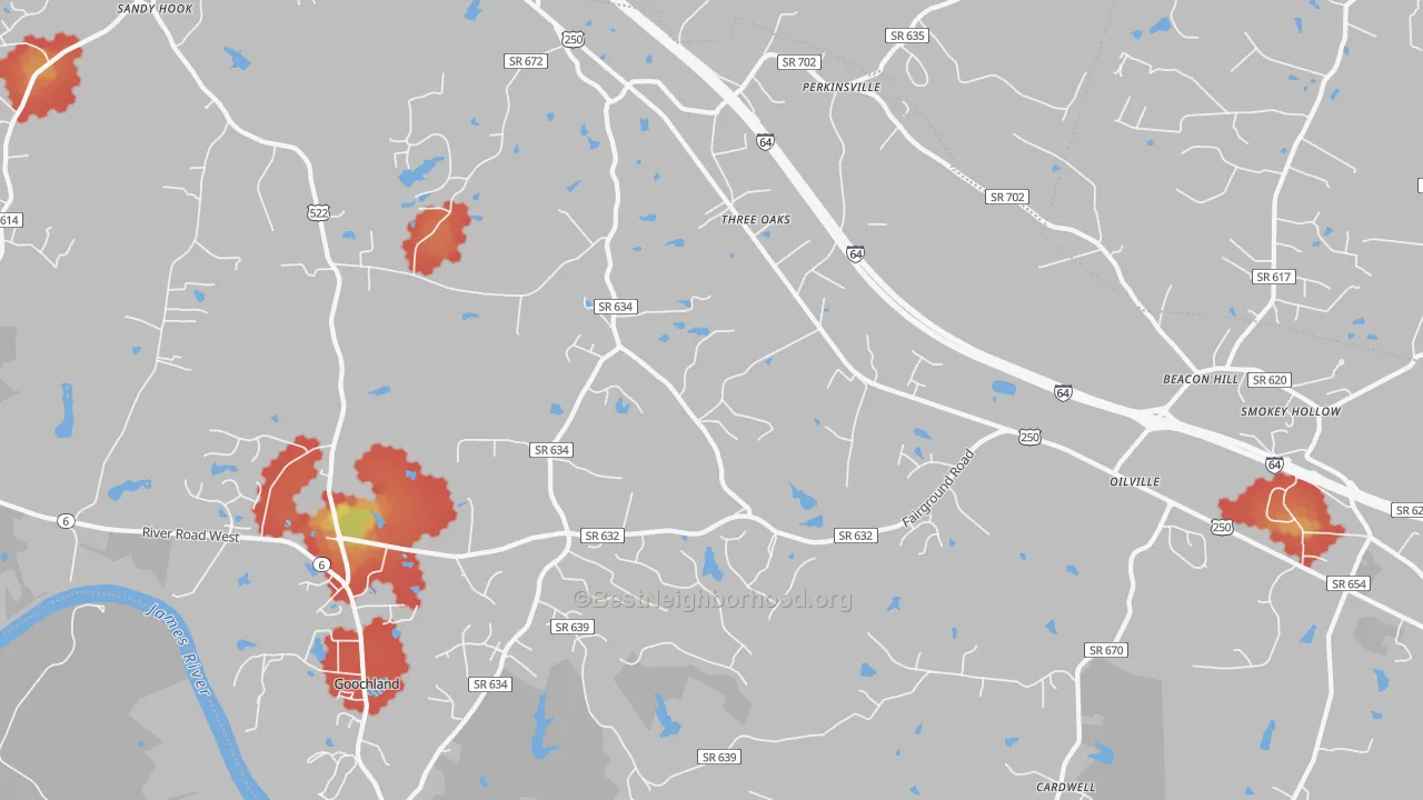 Walk Grade map of Maidens, VA, walkable areas in green and car-dependent areas in red