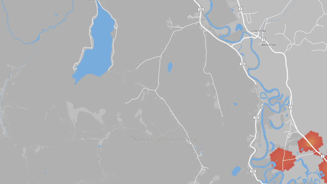 Walk Grade map of Maidstone, VT, walkable areas in green and car-dependent areas in red