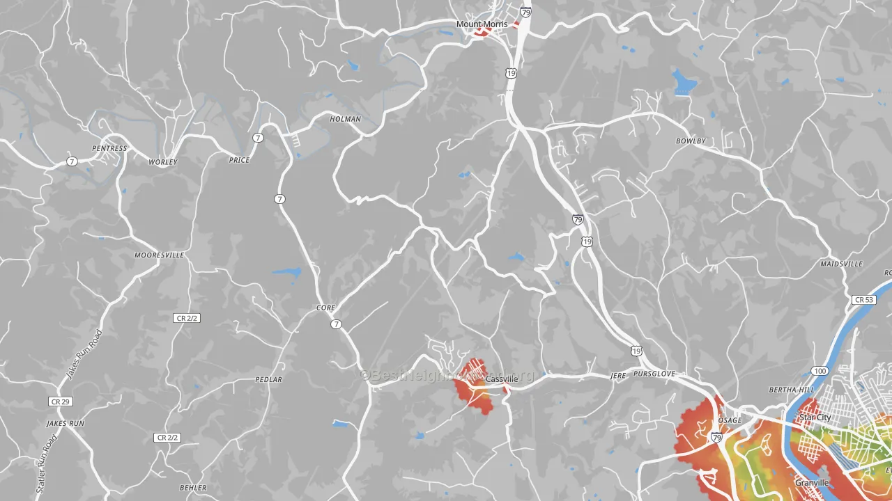 Walk Grade map of Maidsville, WV, walkable areas in green and car-dependent areas in red