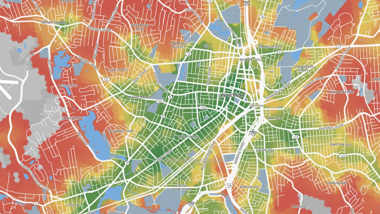 Walk Grade map of Main Middle, Worcester, MA, walkable areas in green and car-dependent areas in red