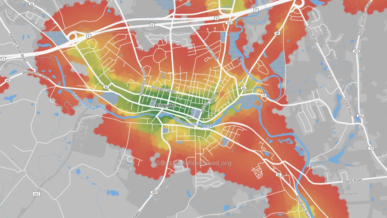 Walk Grade map of Main Street, Willimantic, CT, walkable areas in green and car-dependent areas in red