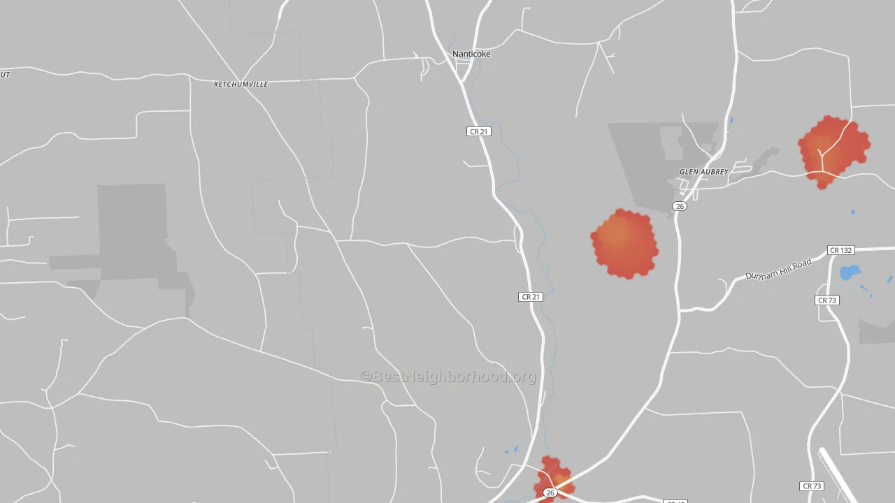 Walk Grade map of Maine, NY, walkable areas in green and car-dependent areas in red