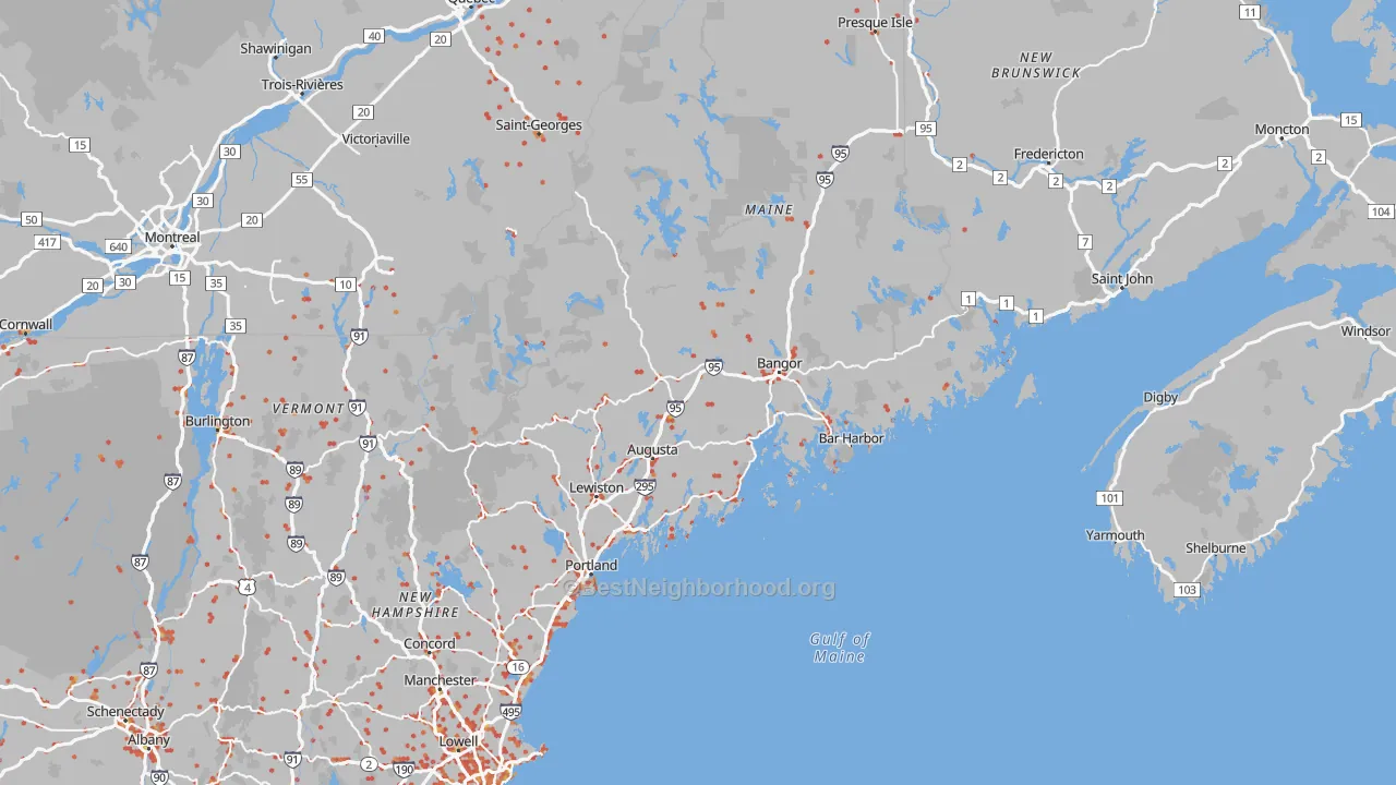 Walk Grade map of Maine, walkable areas in green and car-dependent areas in red