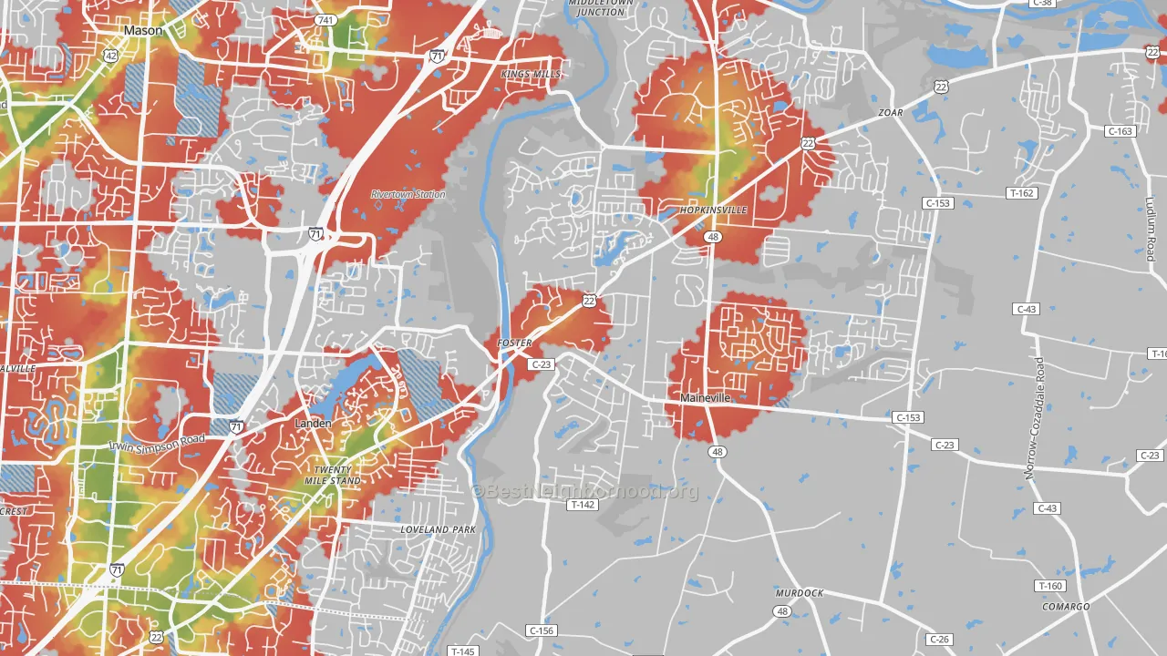 Walk Grade map of Maineville, OH, walkable areas in green and car-dependent areas in red