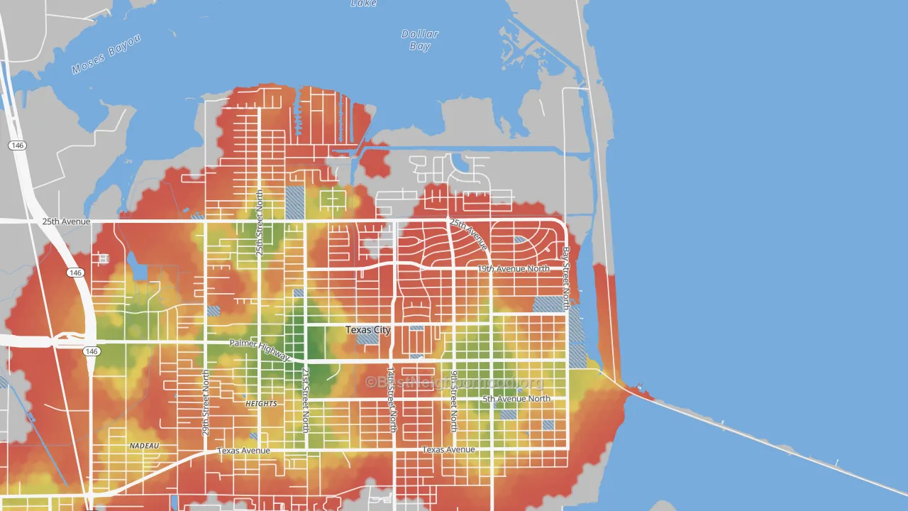 Walk Grade map of Mainland Park, Texas City, TX, walkable areas in green and car-dependent areas in red