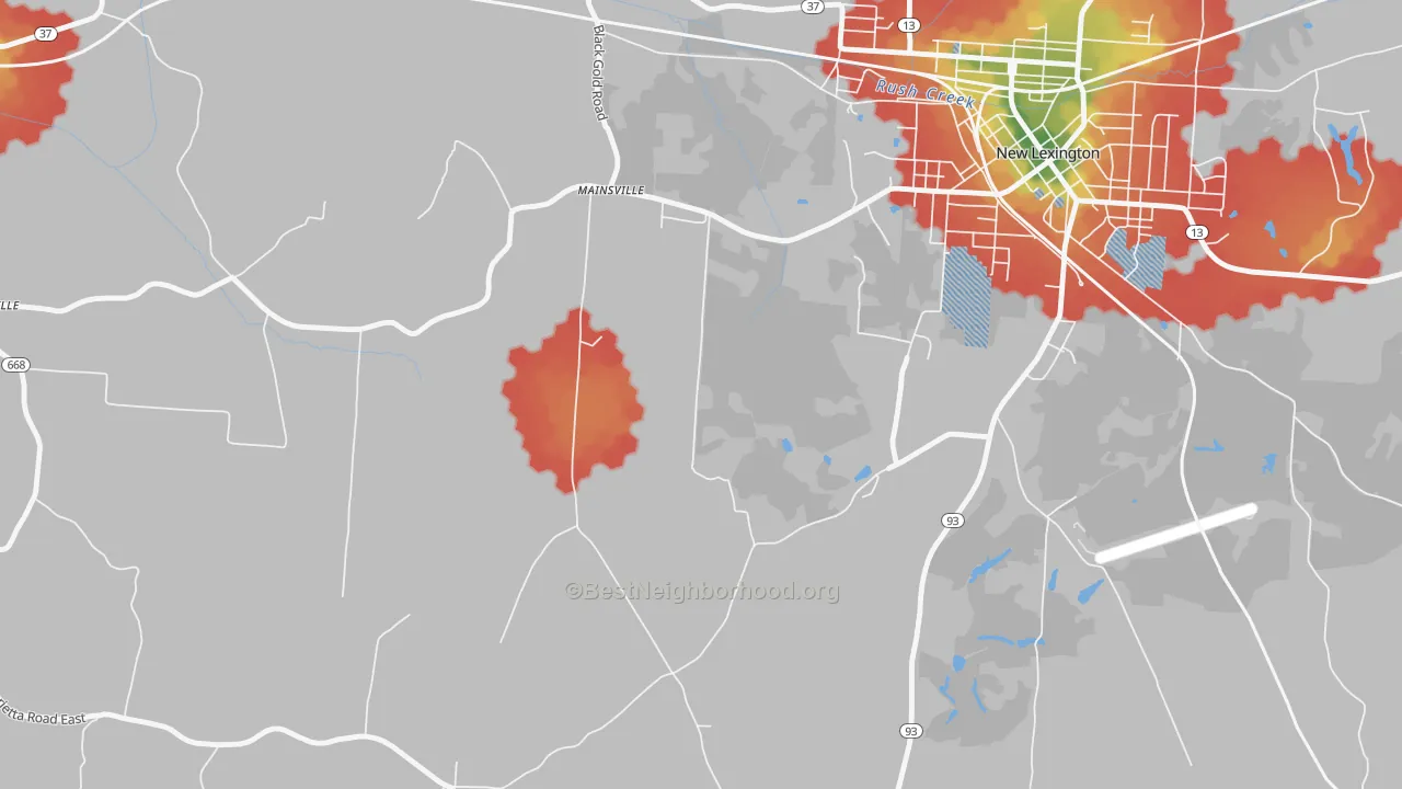 Walk Grade map of Mainsville, OH, walkable areas in green and car-dependent areas in red