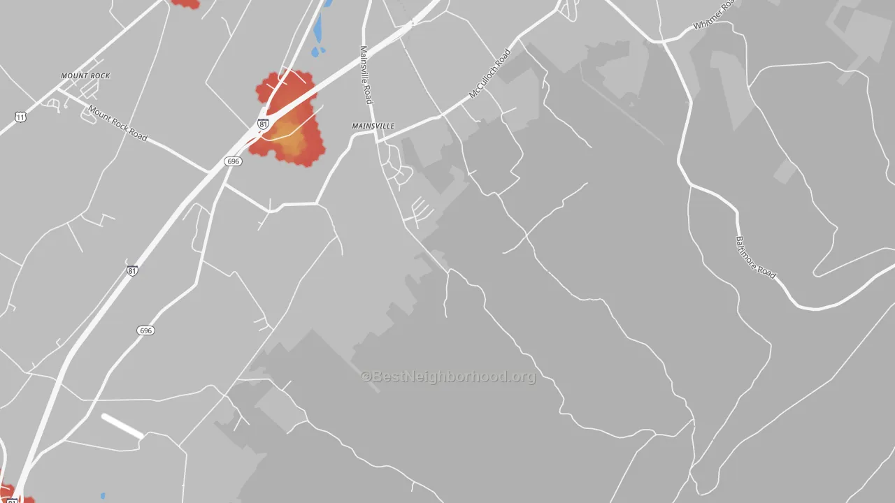 Walk Grade map of Mainsville, PA, walkable areas in green and car-dependent areas in red