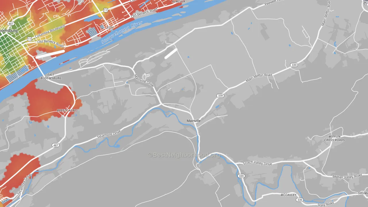 Walk Grade map of Mainville, PA, walkable areas in green and car-dependent areas in red