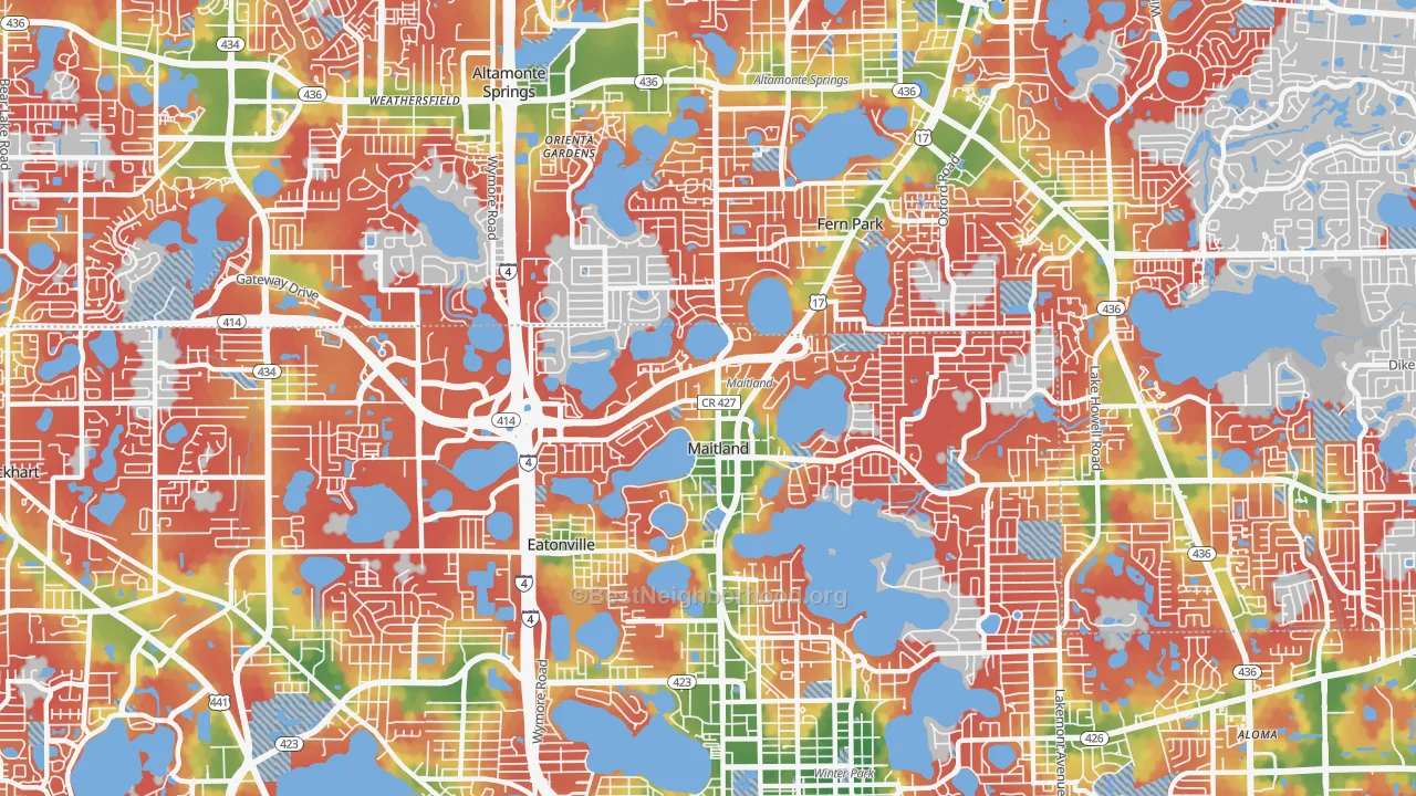 Walk Grade map of Maitland, FL, walkable areas in green and car-dependent areas in red