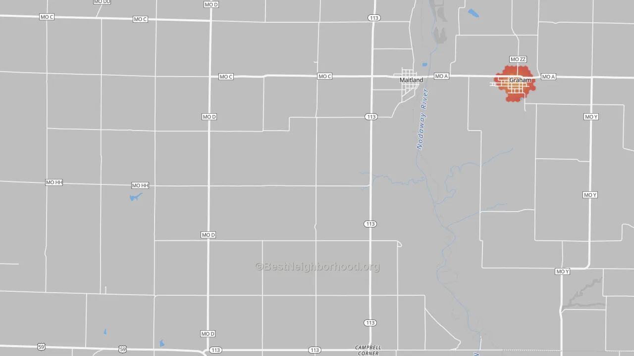 Walk Grade map of Maitland, MO, walkable areas in green and car-dependent areas in red