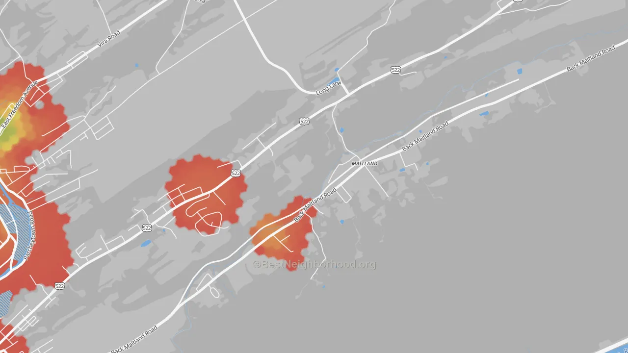 Walk Grade map of Maitland, PA, walkable areas in green and car-dependent areas in red