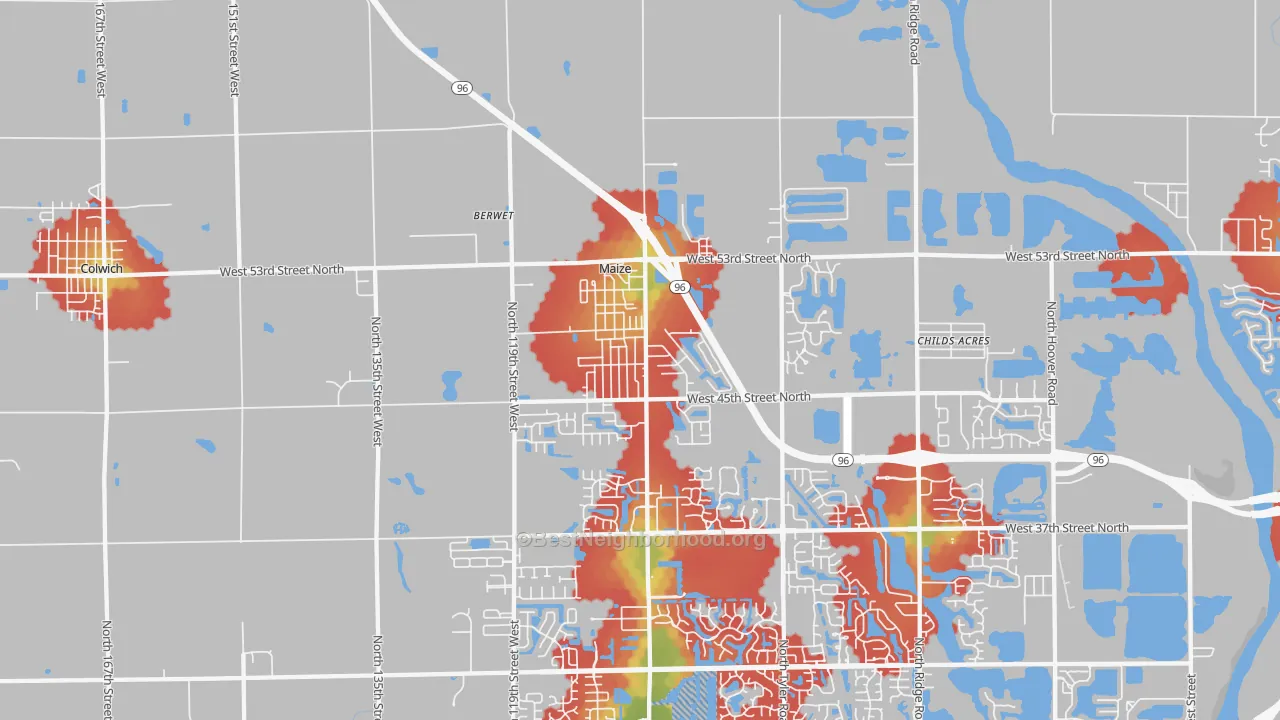 Walk Grade map of Maize, KS, walkable areas in green and car-dependent areas in red