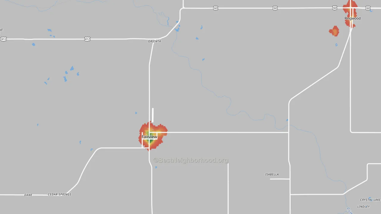 Walk Grade map of Major County, OK, walkable areas in green and car-dependent areas in red