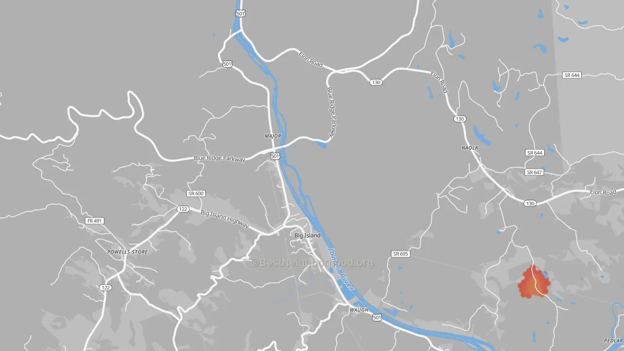 Walk Grade map of Major, VA, walkable areas in green and car-dependent areas in red