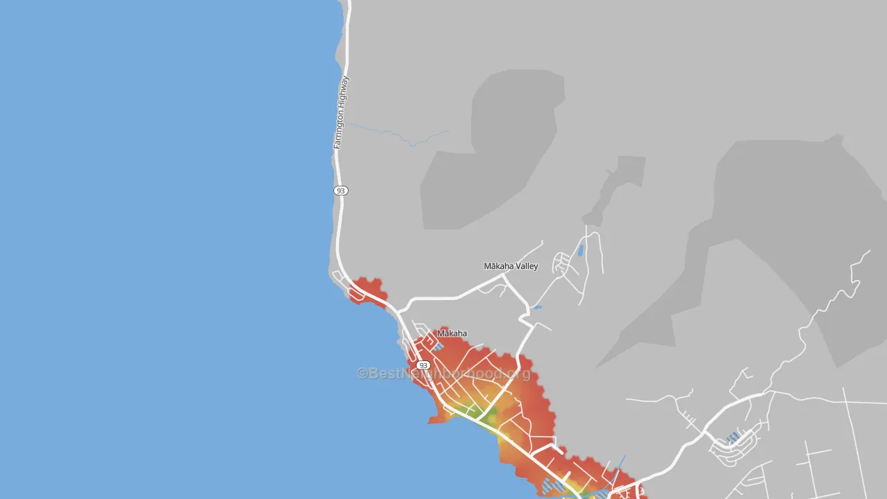 Walk Grade map of Makaha, HI, walkable areas in green and car-dependent areas in red