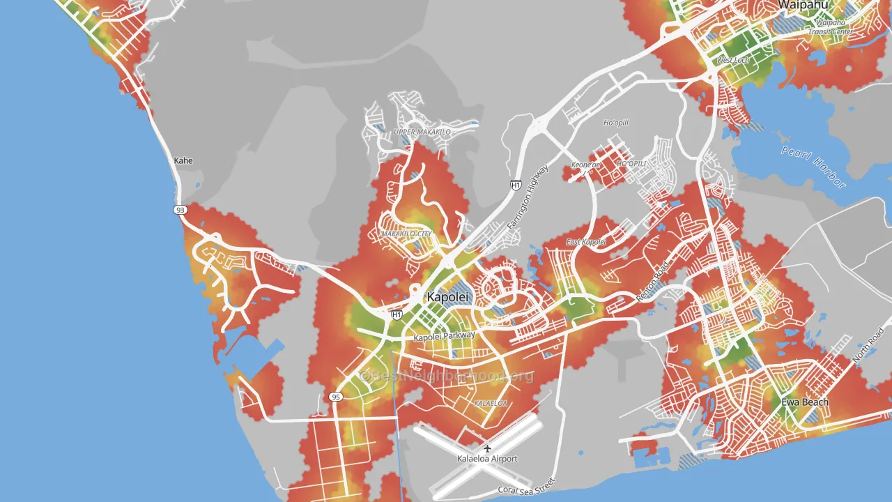 Walk Grade map of Makakilo-Kapolei-Honokai Hale, Kapolei, HI, walkable areas in green and car-dependent areas in red