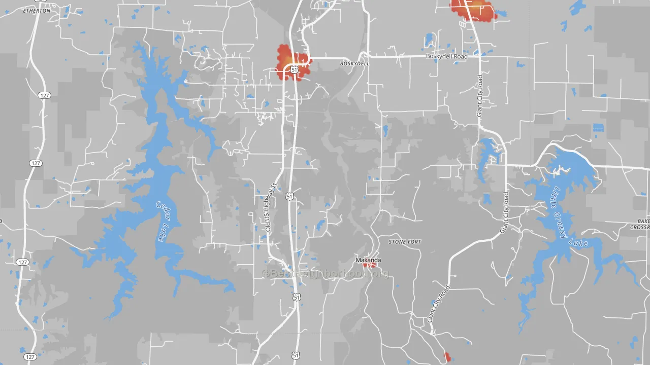 Walk Grade map of Makanda, IL, walkable areas in green and car-dependent areas in red