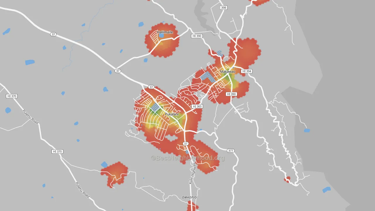 Walk Grade map of Makawao, HI, walkable areas in green and car-dependent areas in red