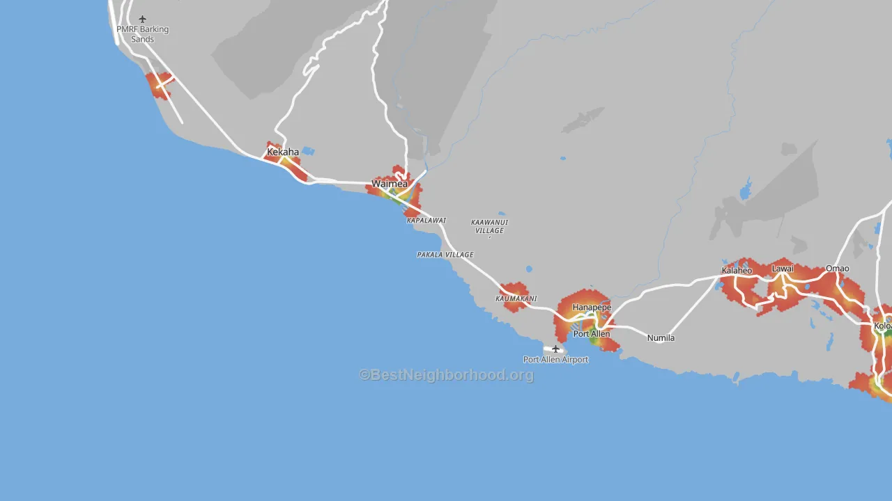 Walk Grade map of Makaweli, HI, walkable areas in green and car-dependent areas in red