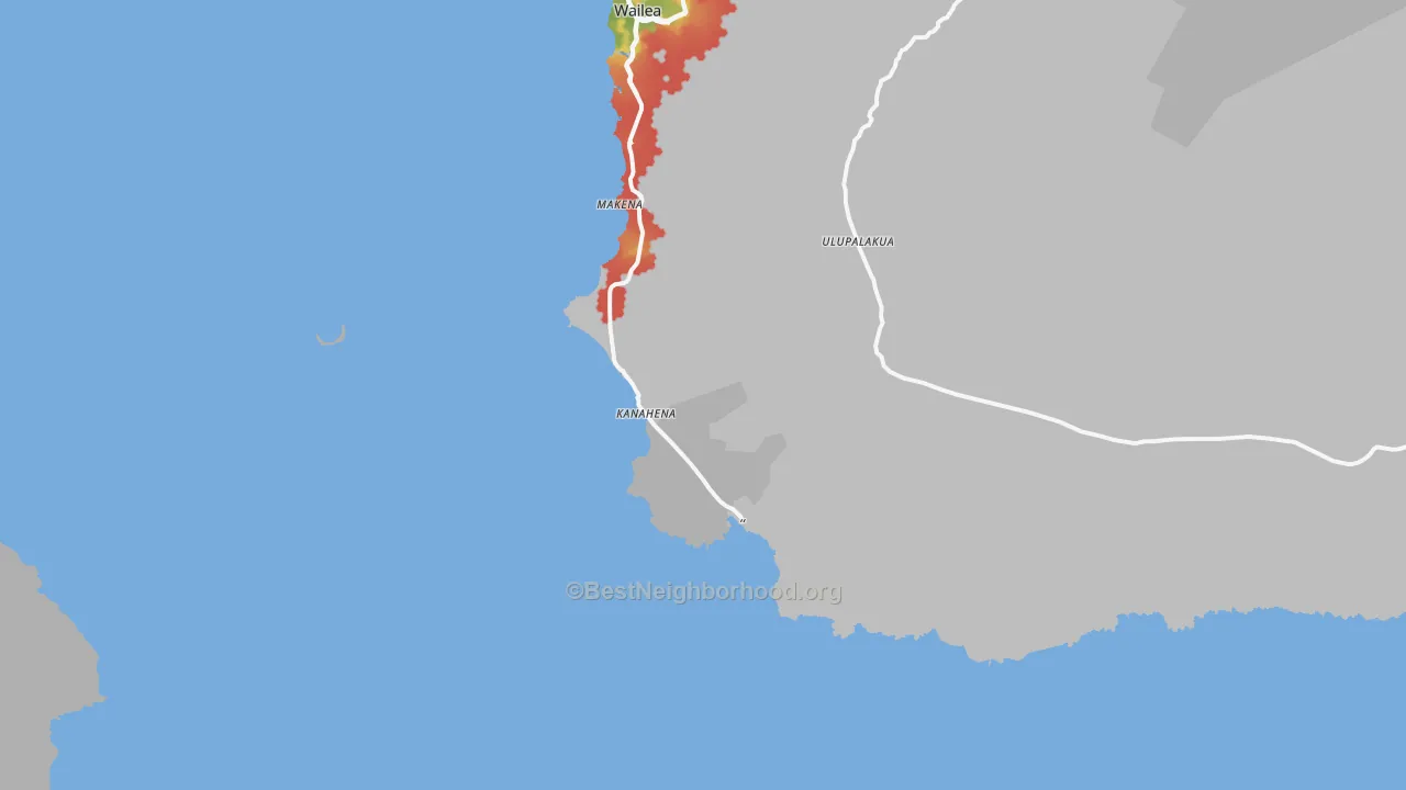 Walk Grade map of Makena, HI, walkable areas in green and car-dependent areas in red