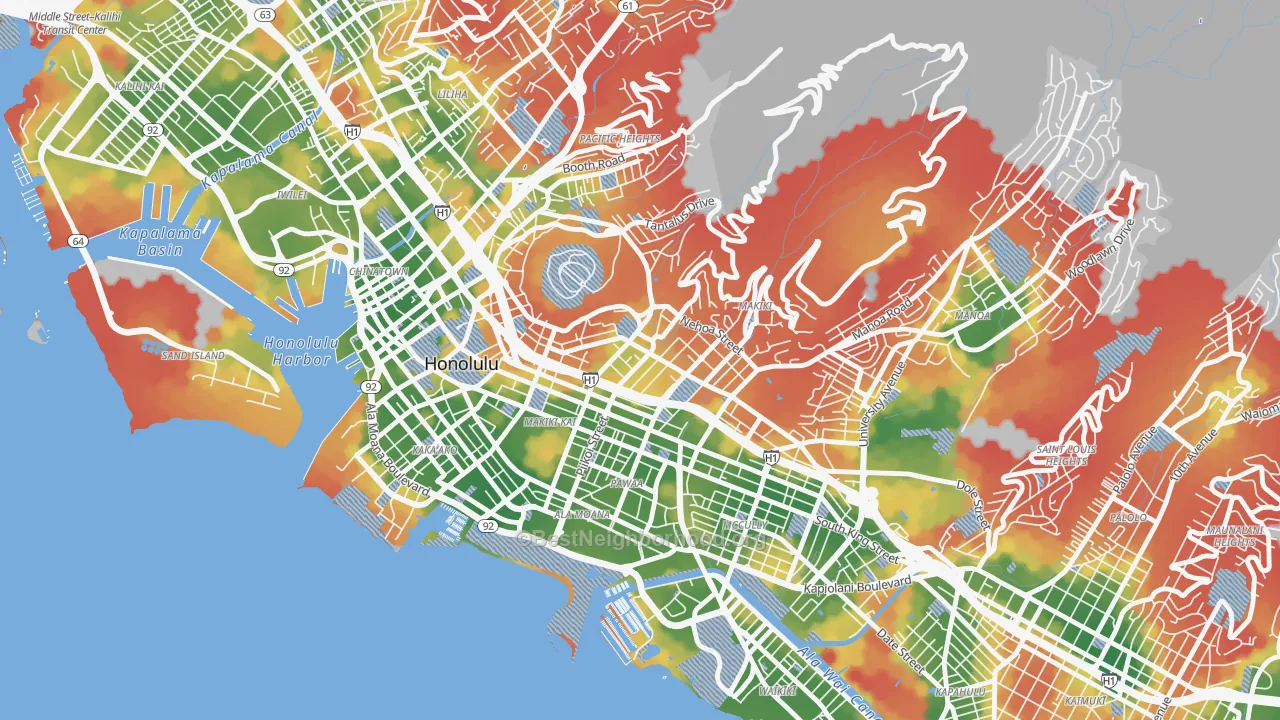 Walk Grade map of Makiki, Honolulu, HI, walkable areas in green and car-dependent areas in red