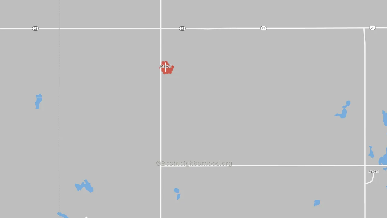 Walk Grade map of Makoti, ND, walkable areas in green and car-dependent areas in red