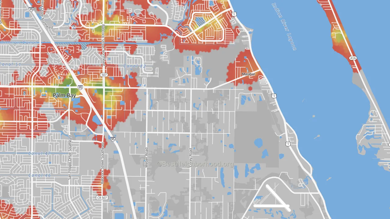 Walk Grade map of Malabar, FL, walkable areas in green and car-dependent areas in red