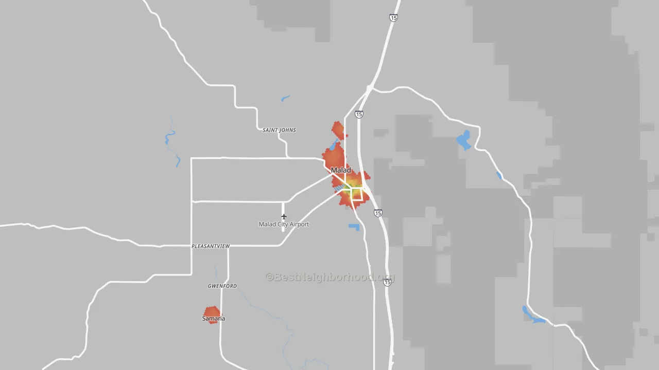 Walk Grade map of Malad City, ID, walkable areas in green and car-dependent areas in red