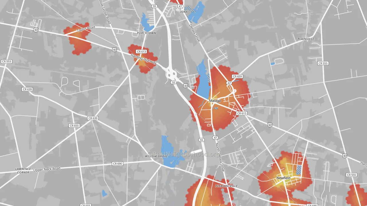 Walk Grade map of Malaga, NJ, walkable areas in green and car-dependent areas in red