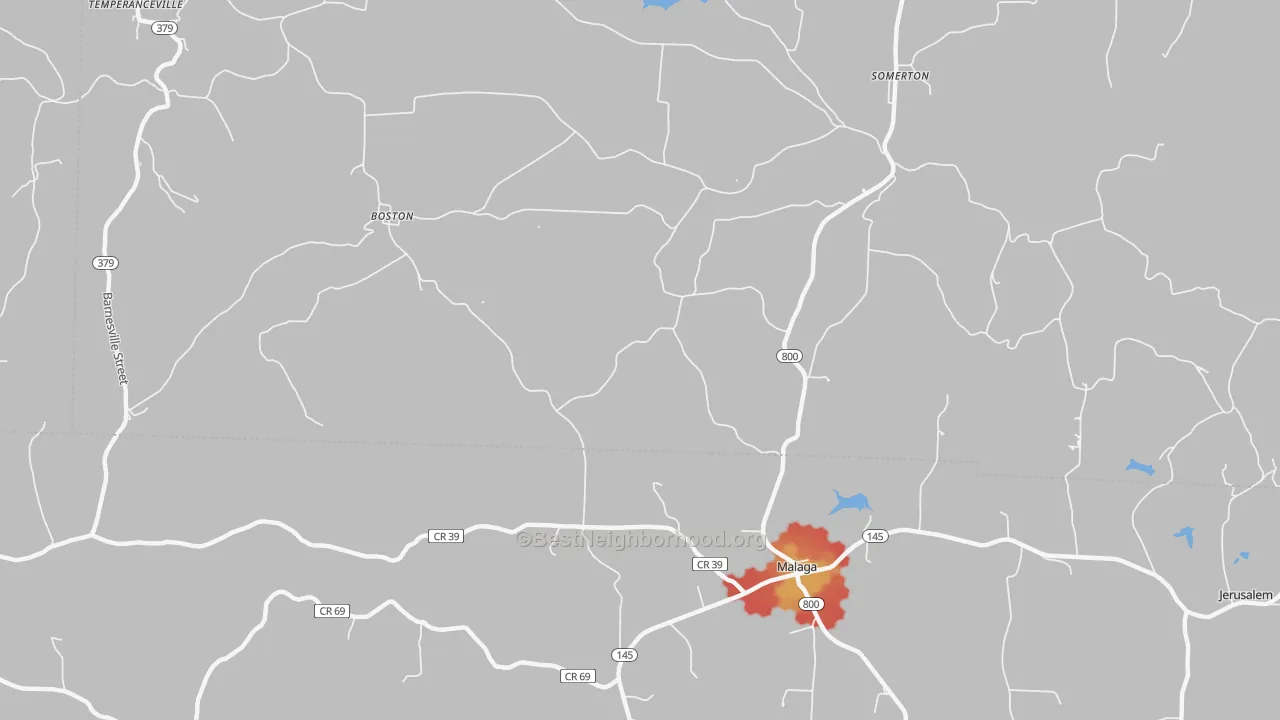 Walk Grade map of Malaga, OH, walkable areas in green and car-dependent areas in red