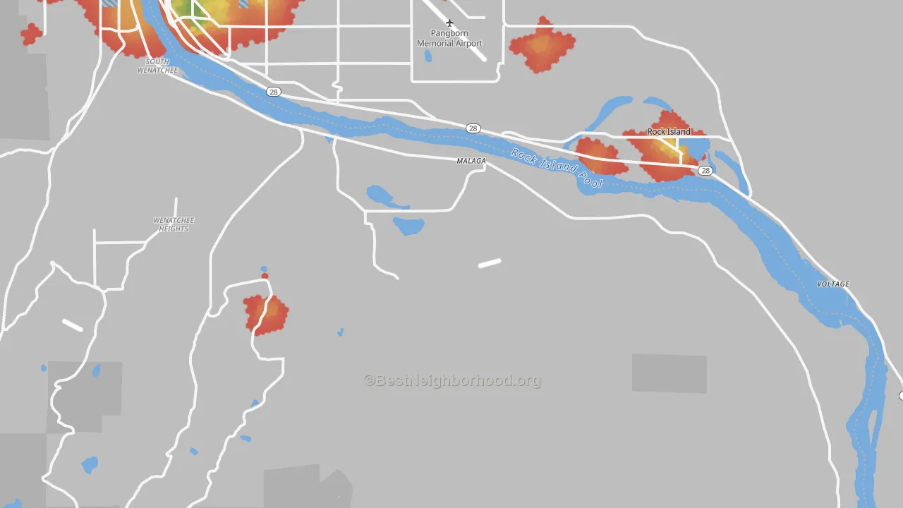 Walk Grade map of Malaga, WA, walkable areas in green and car-dependent areas in red