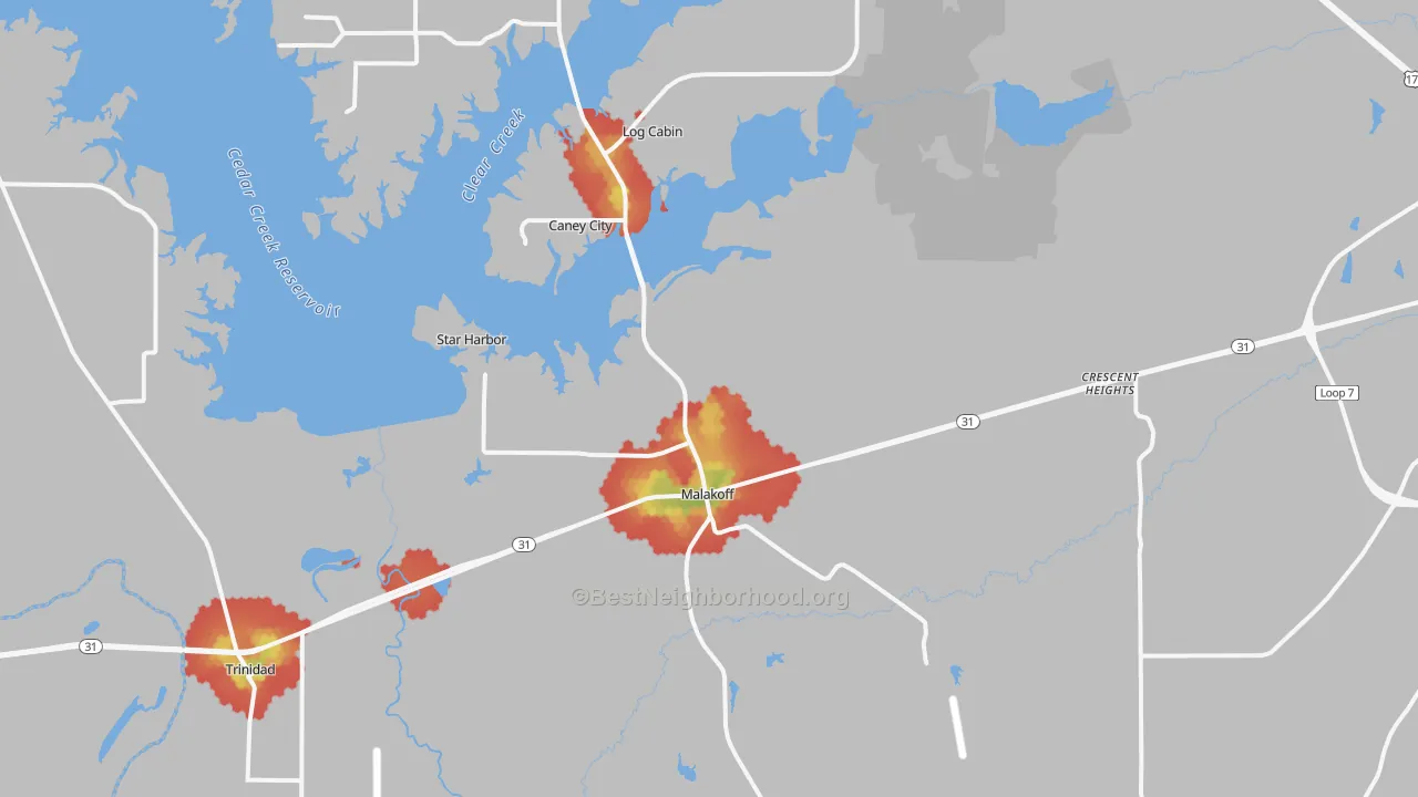 Walk Grade map of Malakoff, TX, walkable areas in green and car-dependent areas in red