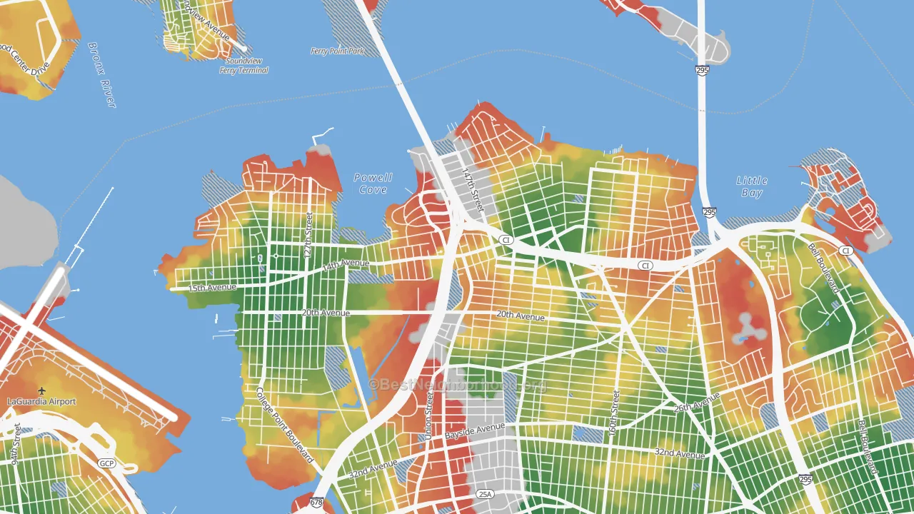Walk Grade map of Malba, Queens, NY, walkable areas in green and car-dependent areas in red