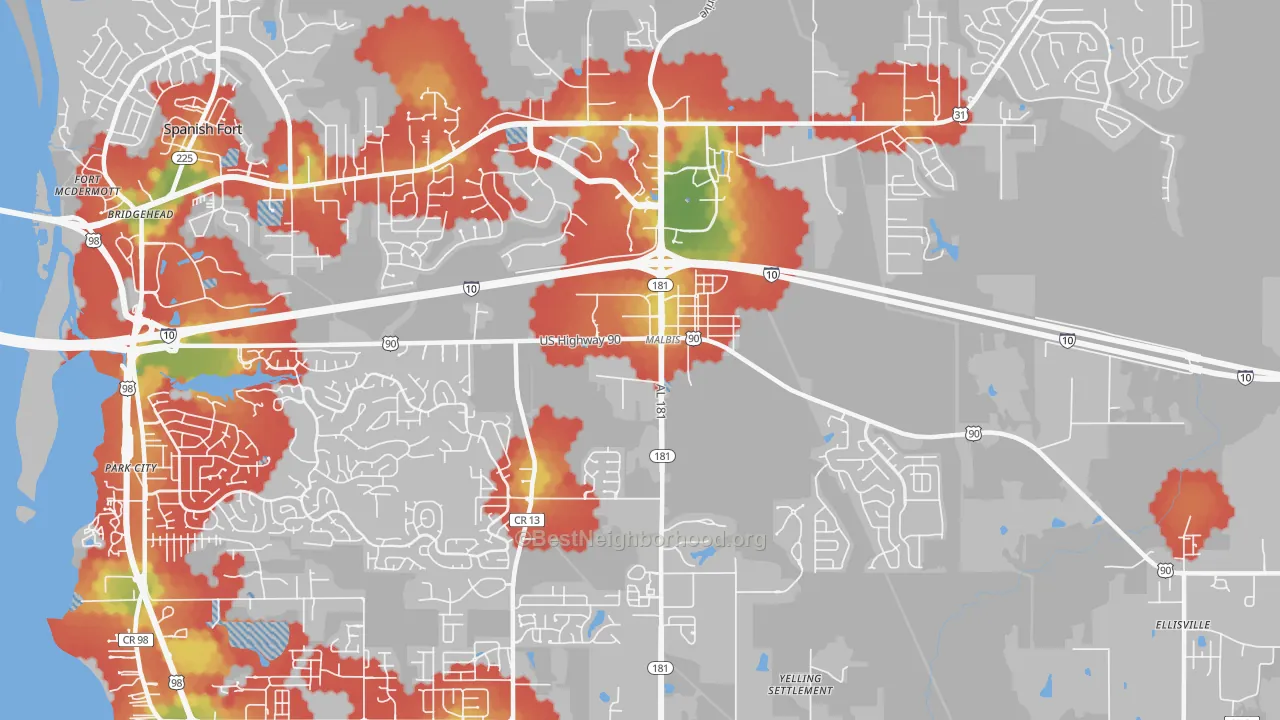 Walk Grade map of Malbis, AL, walkable areas in green and car-dependent areas in red