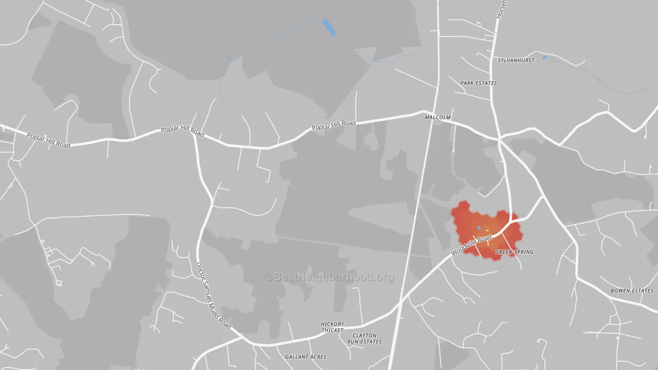 Walk Grade map of Malcolm, MD, walkable areas in green and car-dependent areas in red