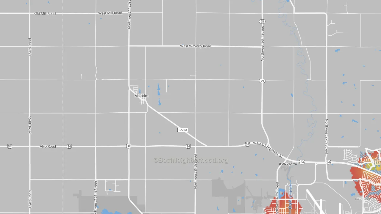 Walk Grade map of Malcolm, NE, walkable areas in green and car-dependent areas in red
