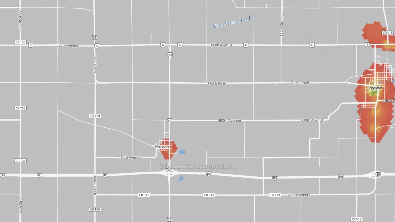 Walk Grade map of Malcom, IA, walkable areas in green and car-dependent areas in red