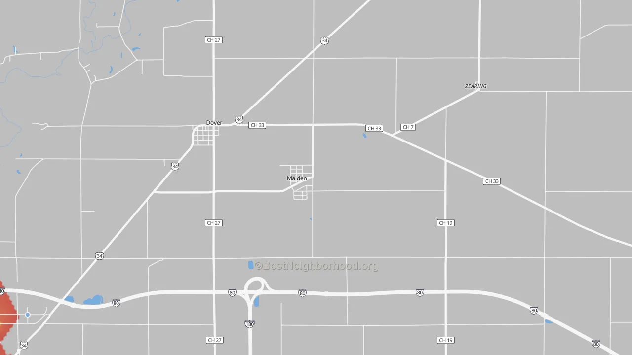 Walk Grade map of Malden, IL, walkable areas in green and car-dependent areas in red