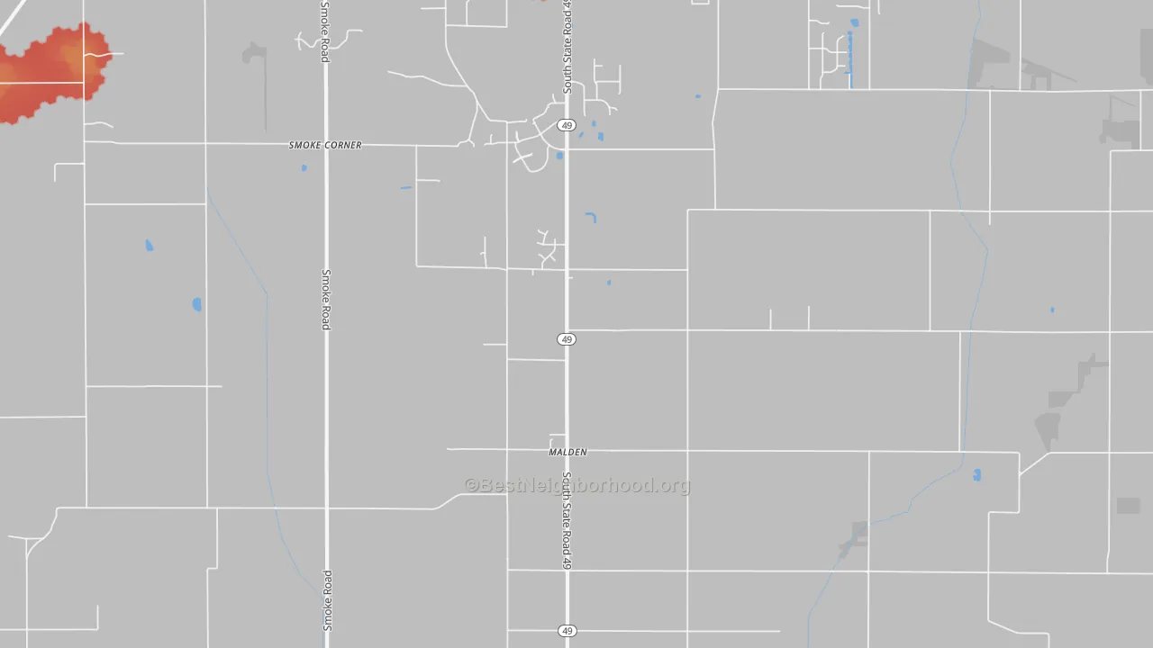 Walk Grade map of Malden, IN, walkable areas in green and car-dependent areas in red