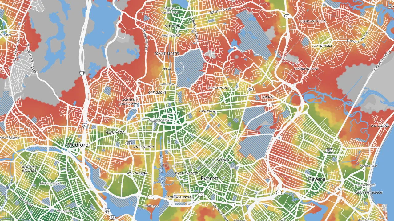 Walk Grade map of Malden, MA, walkable areas in green and car-dependent areas in red