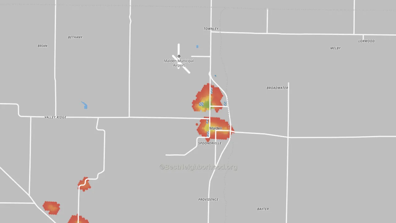 Walk Grade map of Malden, MO, walkable areas in green and car-dependent areas in red