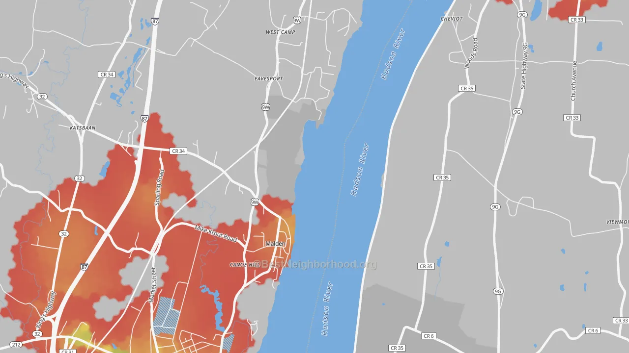 Walk Grade map of Malden-on-Hudson, NY, walkable areas in green and car-dependent areas in red