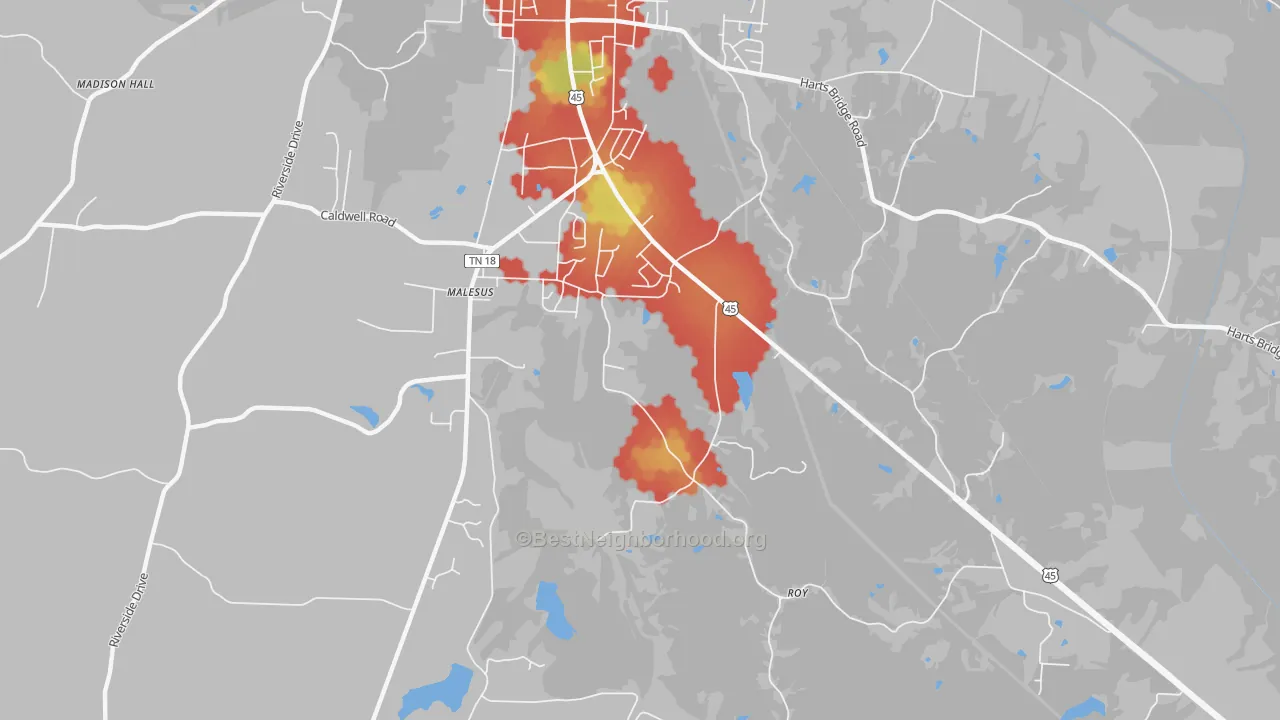 Walk Grade map of Malesus, TN, walkable areas in green and car-dependent areas in red