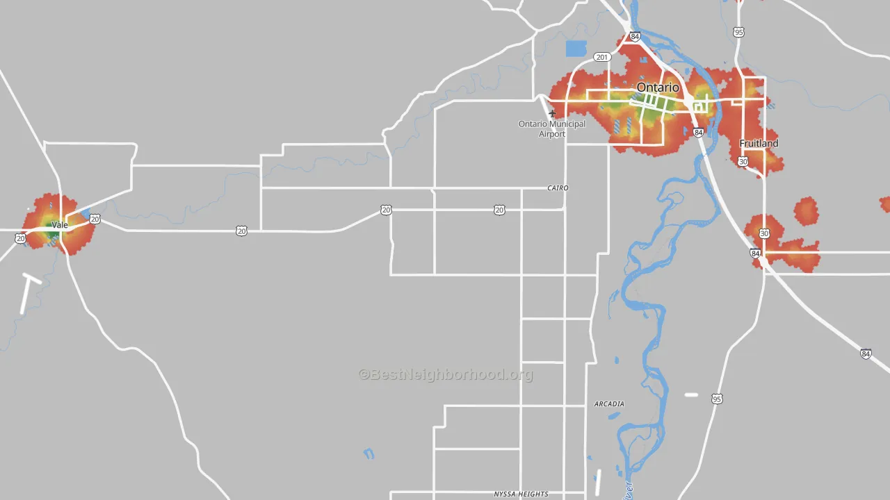 Walk Grade map of Malheur County, OR, walkable areas in green and car-dependent areas in red