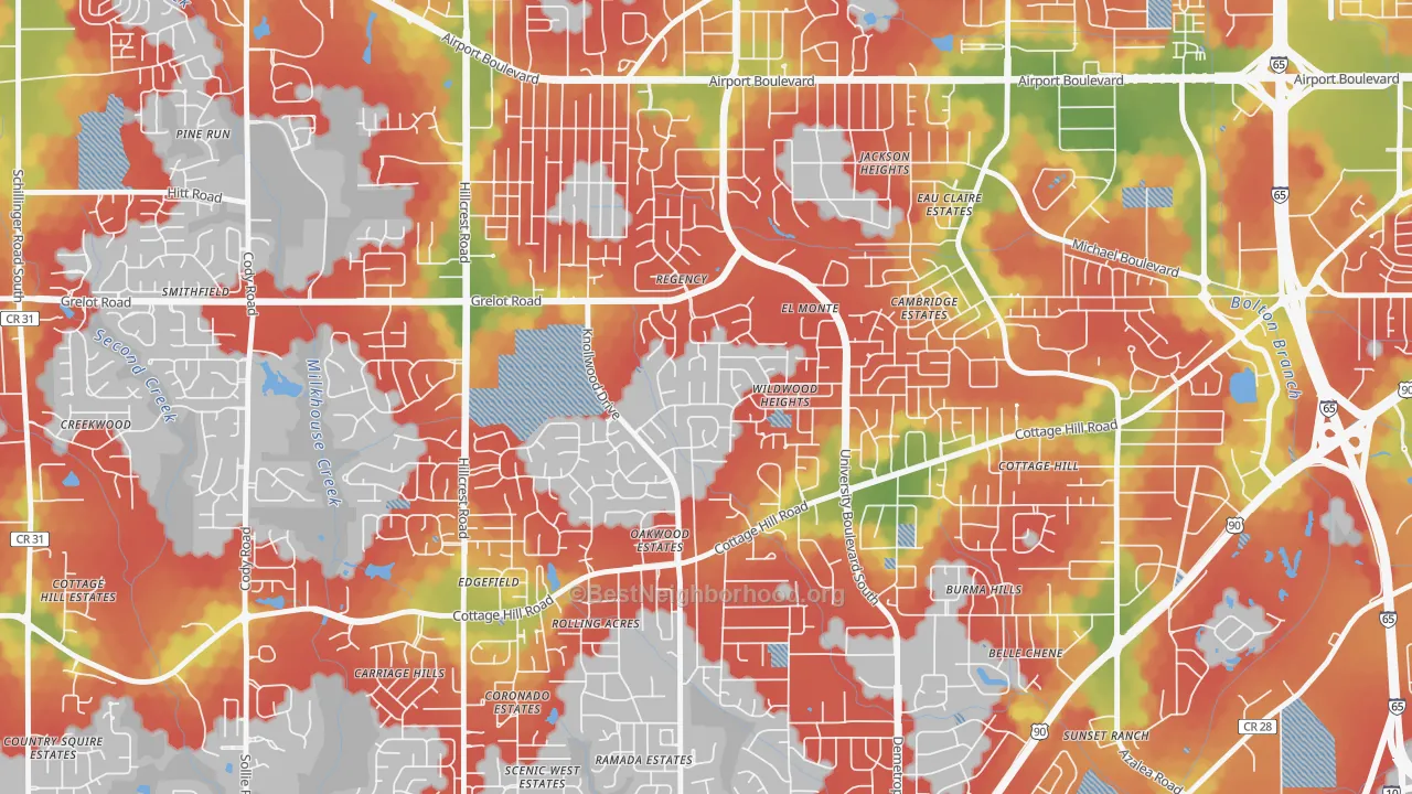 Walk Grade map of Malibar Heights, Mobile, AL, walkable areas in green and car-dependent areas in red