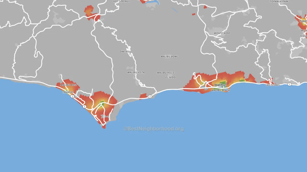 Walk Grade map of Malibu, CA, walkable areas in green and car-dependent areas in red